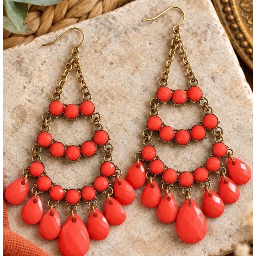 Vintage Coral Red Chandelier Earrings Boho Teardrop Dangle Statement Jewelry